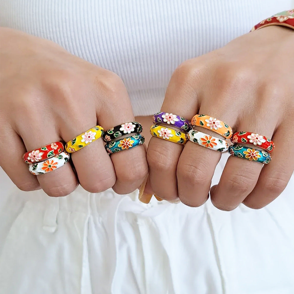 Floral Enamel Gold Plated Ring