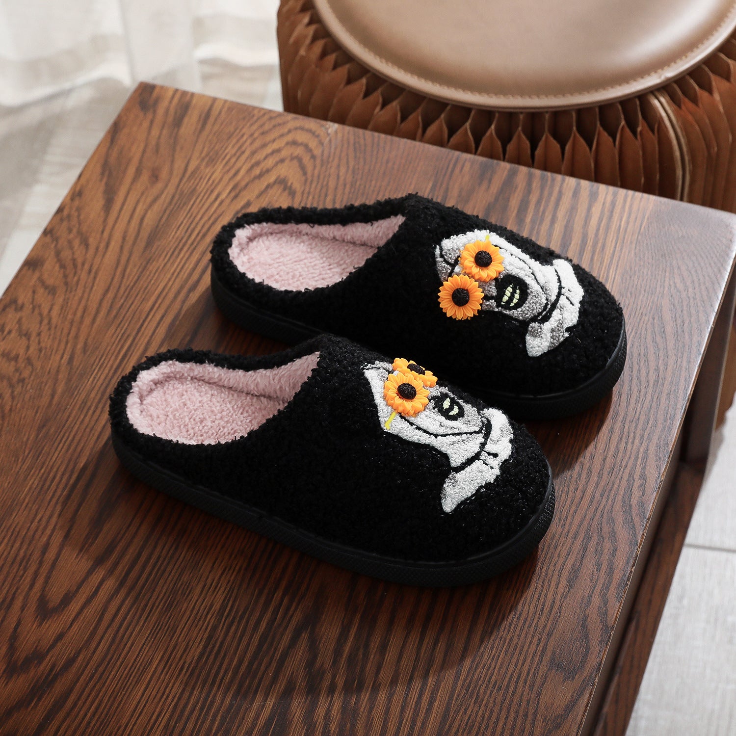 Halloween Baumwollhausschuhe für Herren Damen Winter Warme Totenkopf Geist Kürbis Indoor Hausschuhe