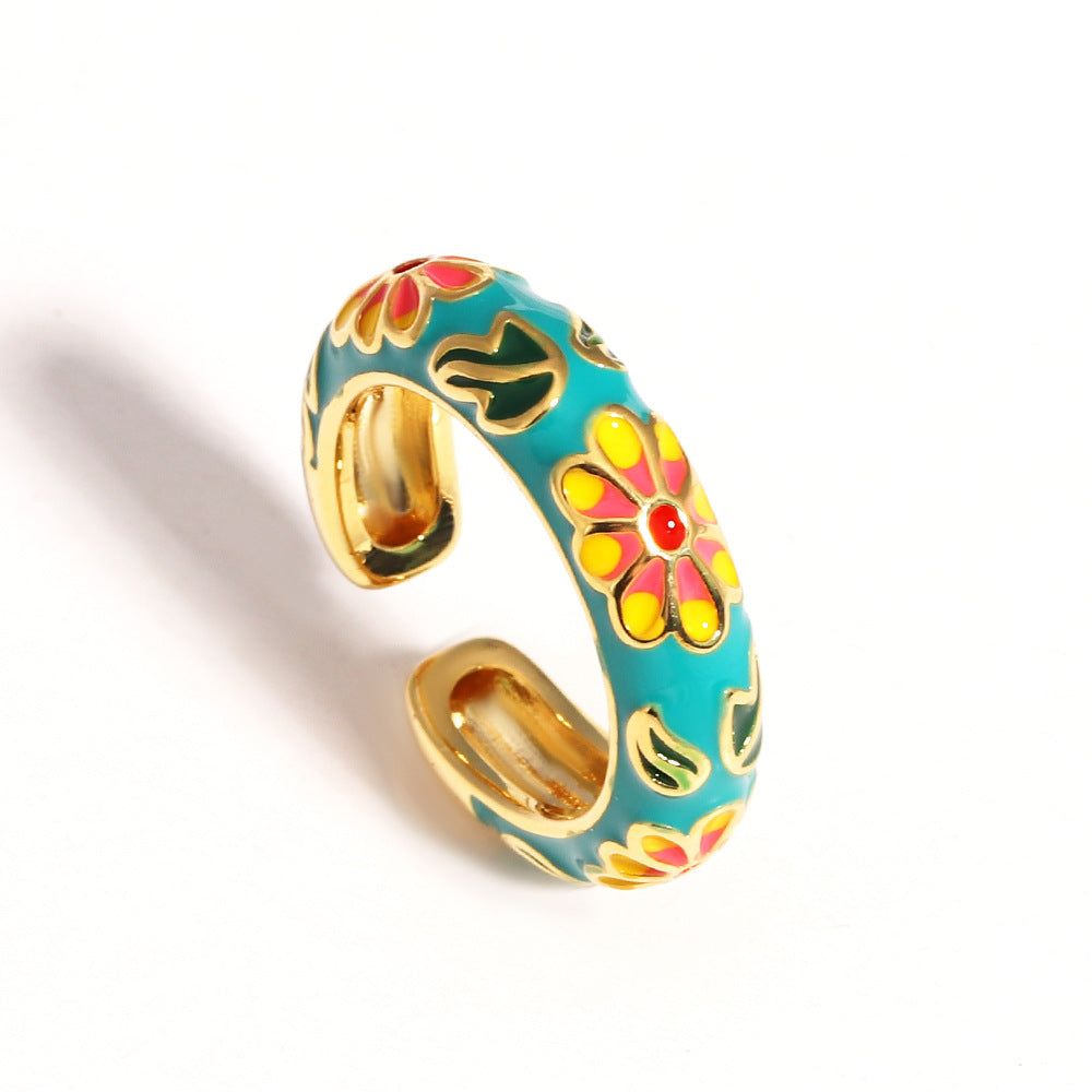 Floral Enamel Gold Plated Ring