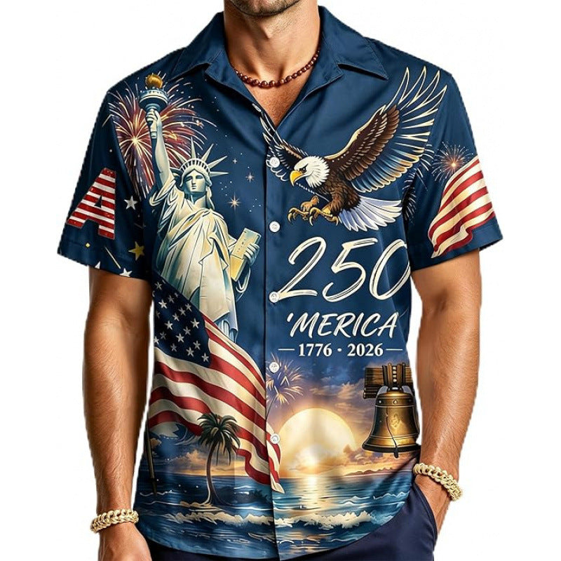 Mens Patriotic Hawaiian Shirt Short Sleeve