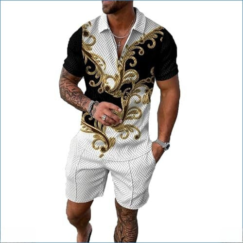 Herren 2-teiliges Set Baroque-Print Kurzarm-Top & Shorts Polyester 48 Varianten | Men's 2-Piece Baroque Print Set Short-Sleeve Top & Shorts 48 Styles