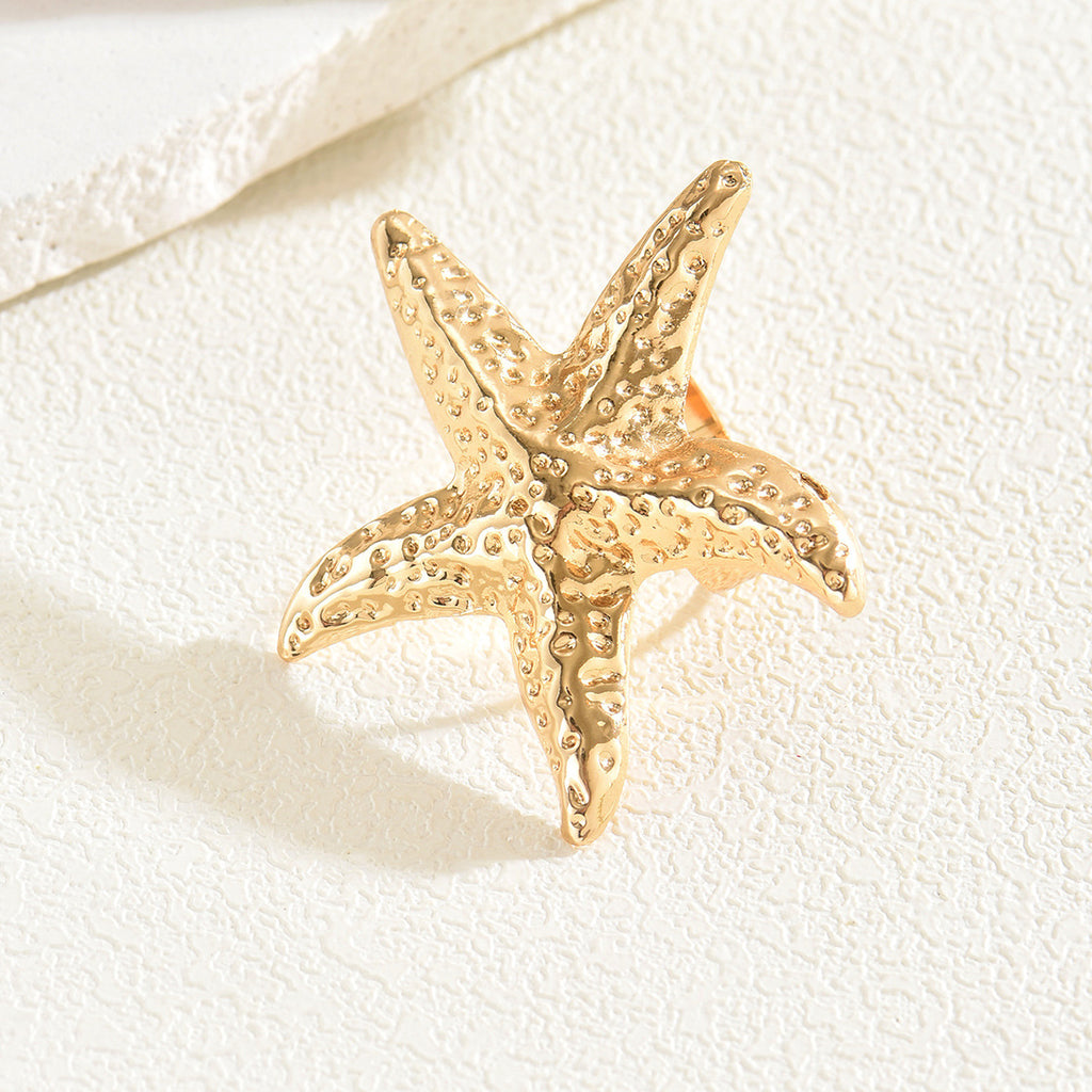Gold Plated Open Rings with Seashell and Starfish Design