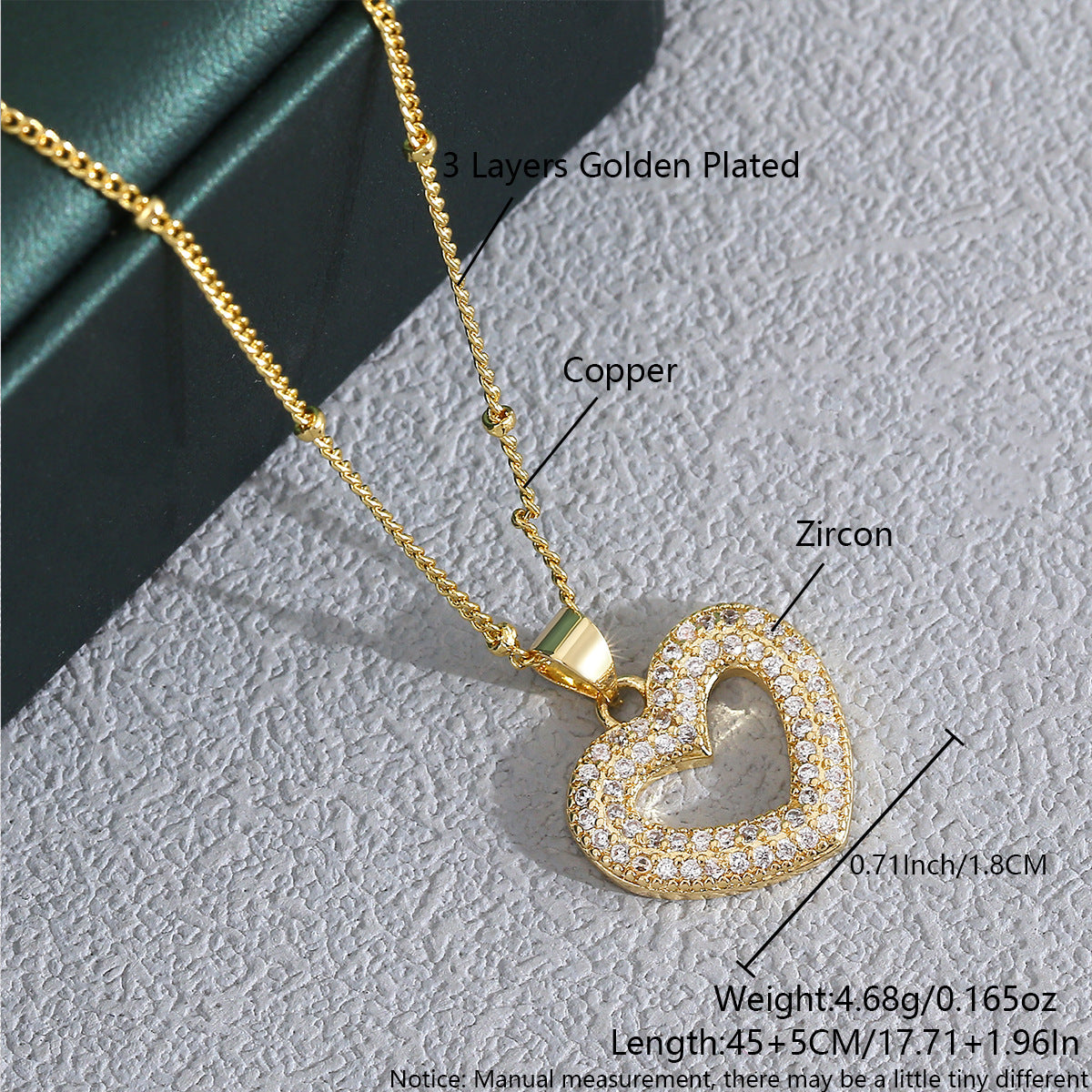 Heart Shaped Zircon Necklace Gold Plated Chain