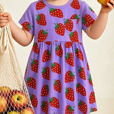Children's Strawberry Print Short Sleeve Dress
