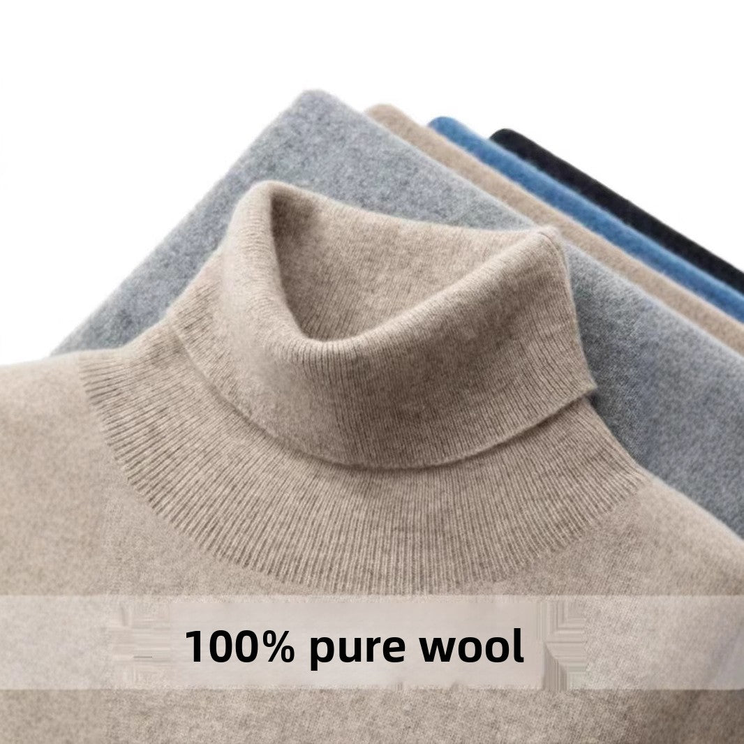 High Neck Pure Wool Sweater Men Pullover Knitted Casual
