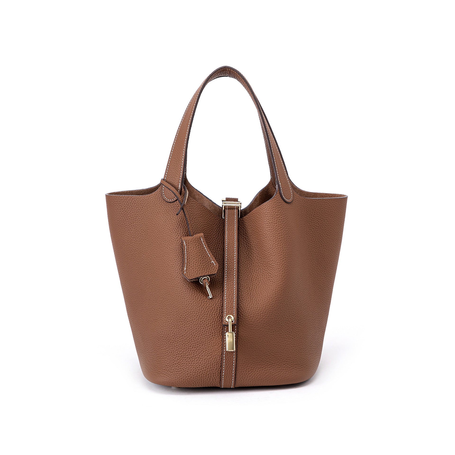 Genuine Leather Bucket Bag with Gold Silver Buckles