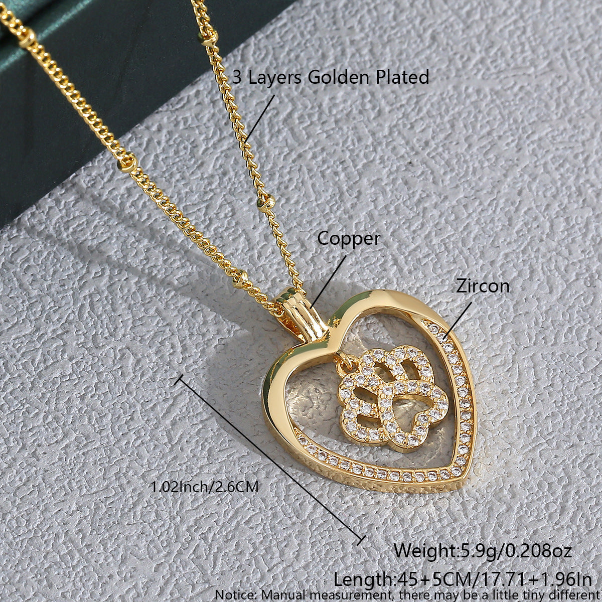 Heart Shaped Zircon Necklace Gold Plated Chain