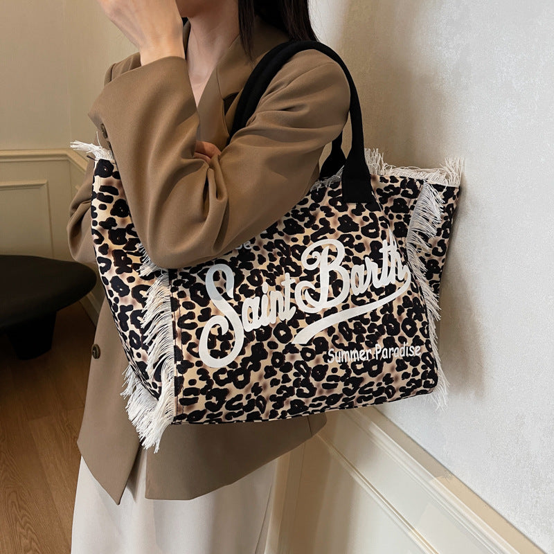 Women's Leopard Print Canvas Tote Bag with Tassel