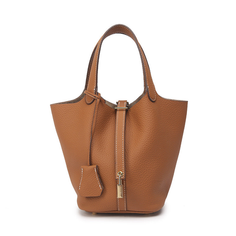 Genuine Leather Bucket Bag with Gold Silver Buckles