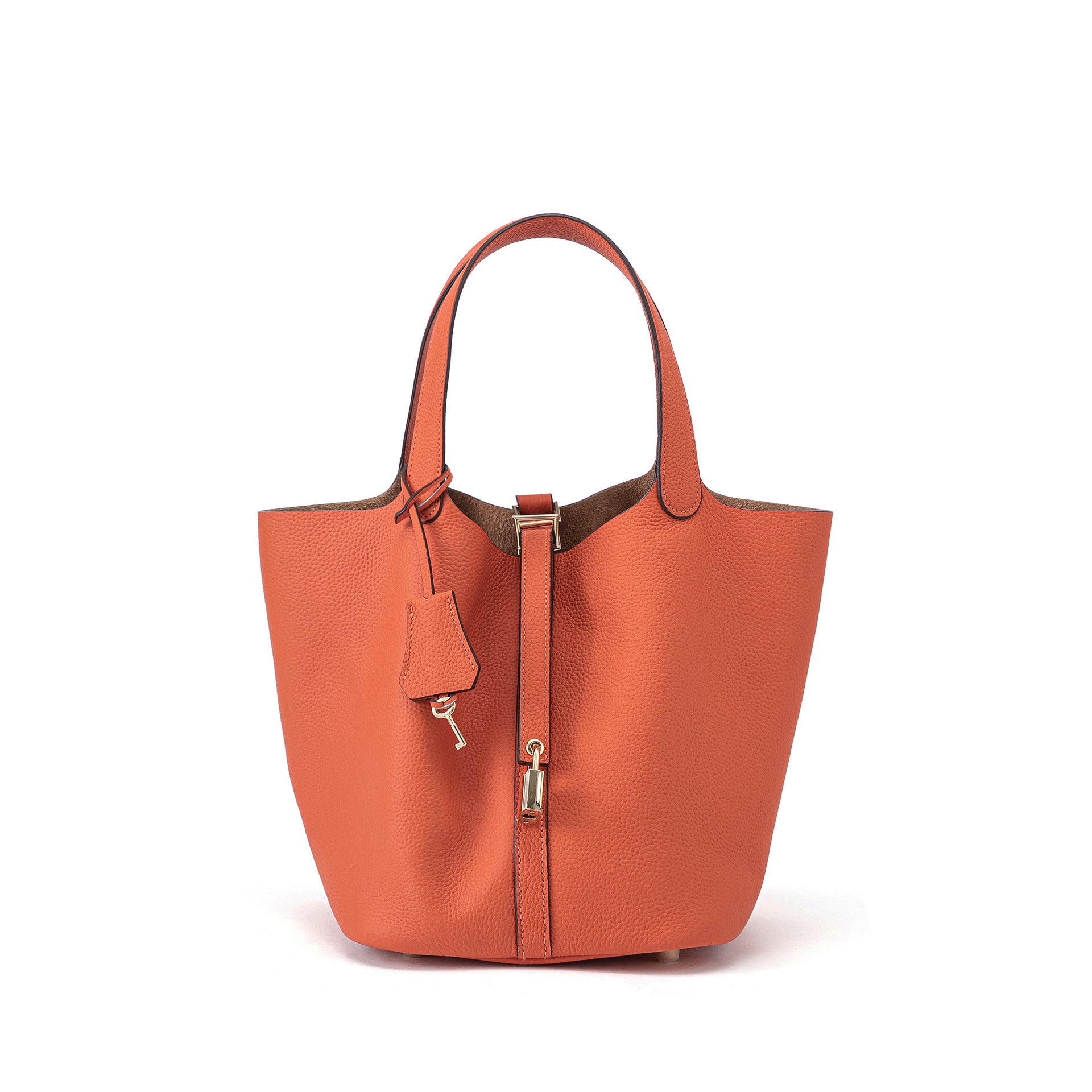 Genuine Leather Bucket Bag with Gold Silver Buckles