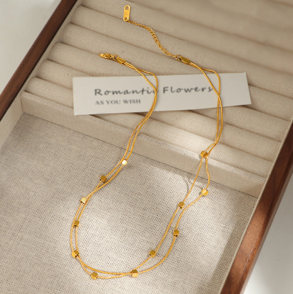 Double Layer Gold Square Titanium Steel Necklace for Women