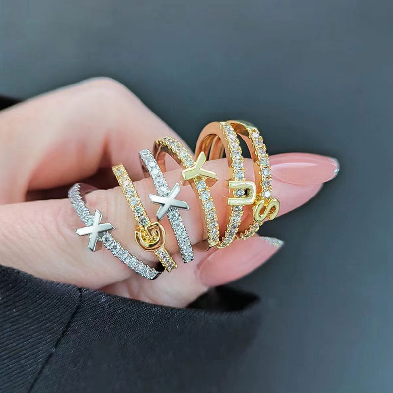 Adjustable Zircon Letter Ring Brass Gold Plated